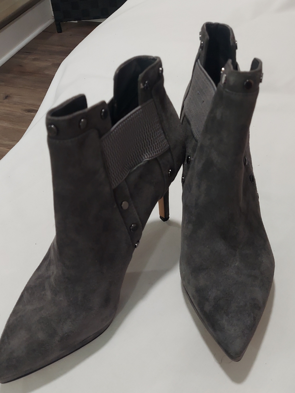 Karl Lagerfeld Gray Suede Pointed Studded Ankle Booties